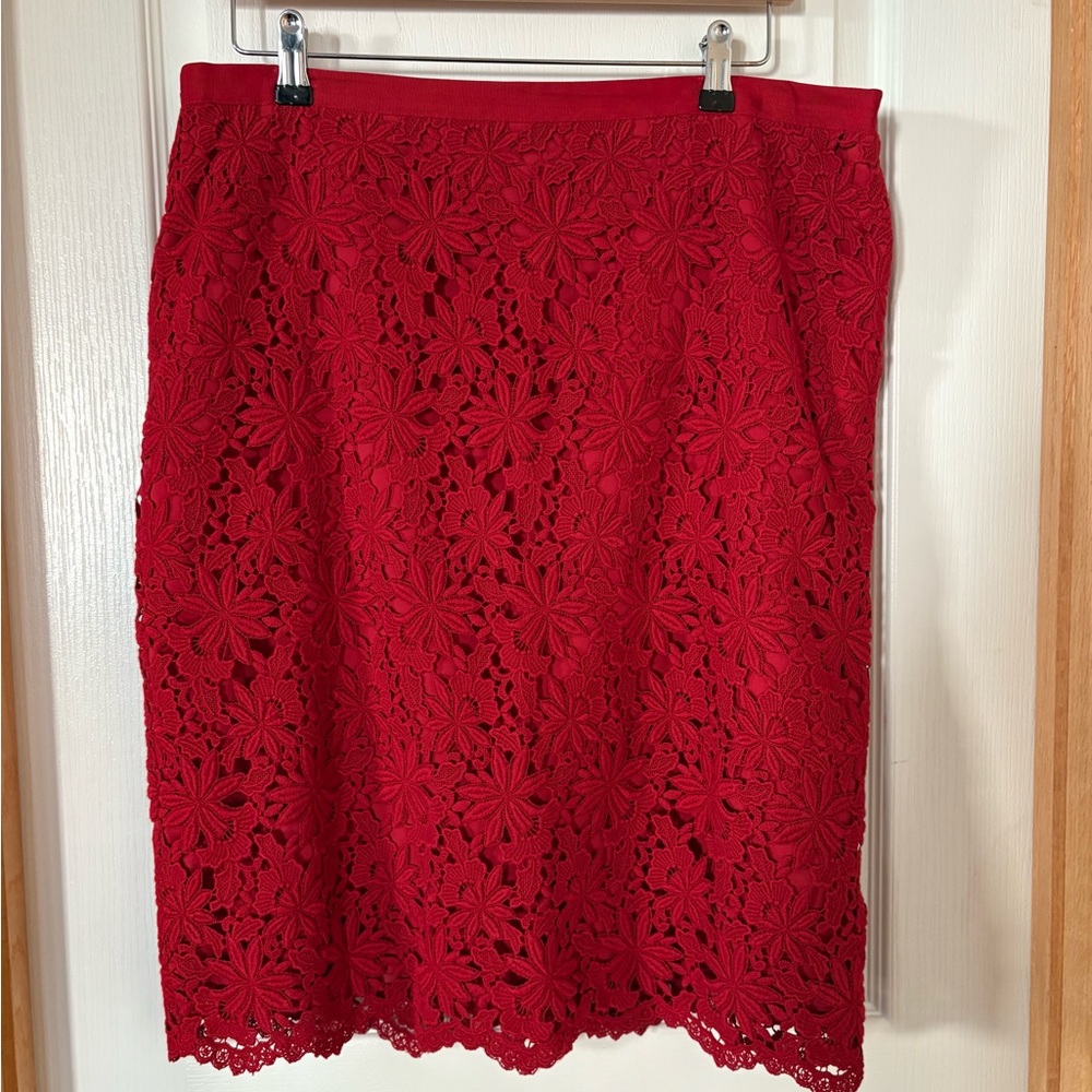 Talbots Skirt Red Floral Lace Pencil Festive Party Office Cocktails Chic Event